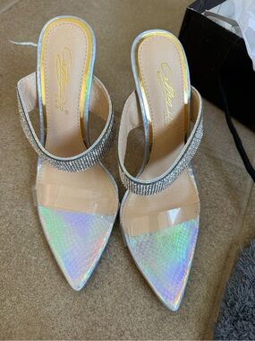 Crystal-Embellished Holographic Pointed Toe Mule - Women